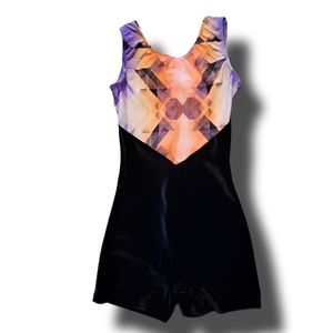 Motionwear Girls Sz S Gymnastics Leotard Black Velvet Geometric Top Like New